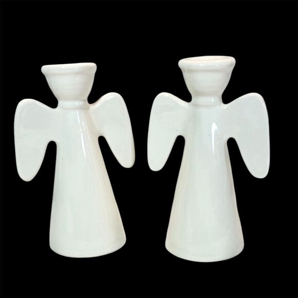White Ceramic Angel Candle Holders Minimalistic Wedding Holiday Decor set of two - Picture 3 of 10